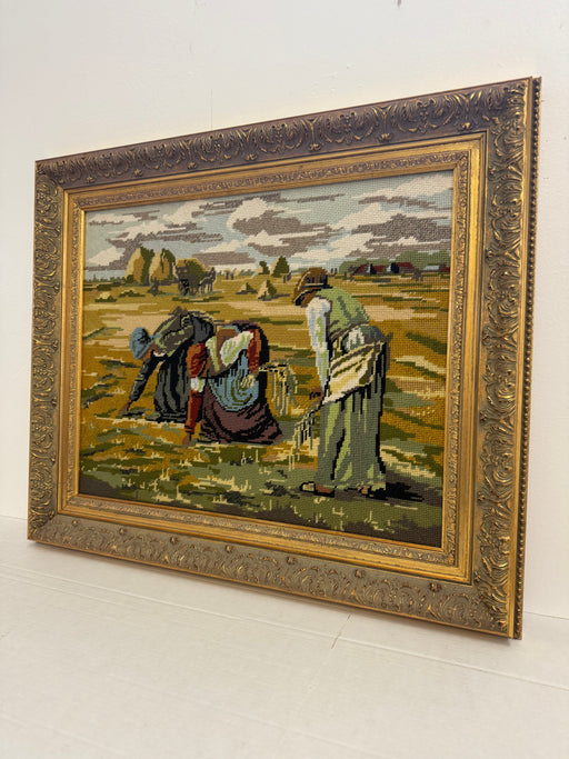 Vintage Framed Needlepoint Tapestry - The Gleaners Inspired Embroidery Art - Ornate Gold Frame - Rustic Farmhouse Wall Decor