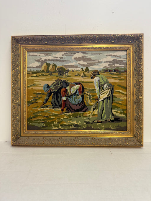 Vintage Framed Needlepoint Tapestry - The Gleaners Inspired Embroidery Art - Ornate Gold Frame - Rustic Farmhouse Wall Decor