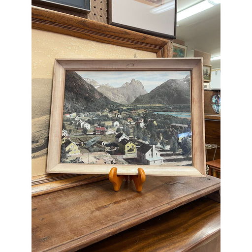 Vintage Framed Original Tinted Photograph of Mountain Side Cityscape