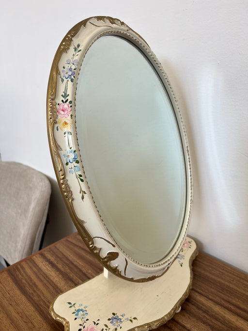 Vintage French Provincial Vanity Tilting Mirror - Hand-Painted Floral Oval Shabby Chic Tabletop with Gold toned accents Hollywood Regency Decor(Available by online purchase only)