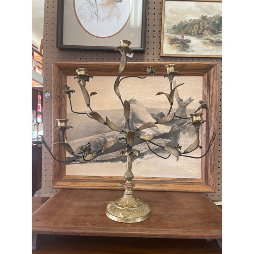 Vintage French Style Brass and Metal Candelabra With Sculpted Lillie’s and Leaves.