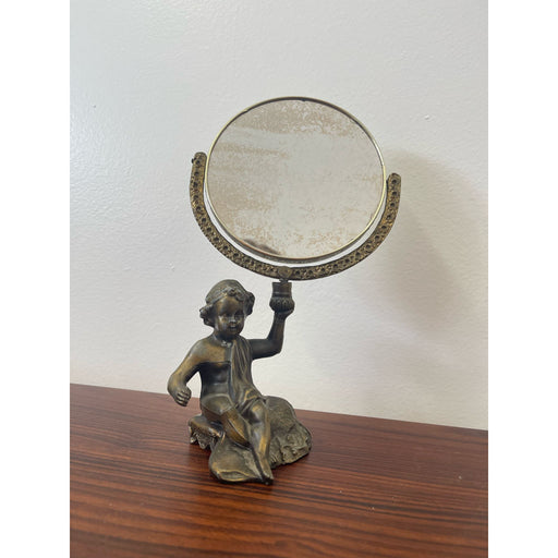 Vintage French Style Double Sided Vanity Mirror With Cherub Sculpture Stand.