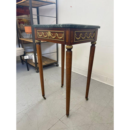 Vintage Green Marble Top Stand on Wheels With Gold Colored Motif of Woman