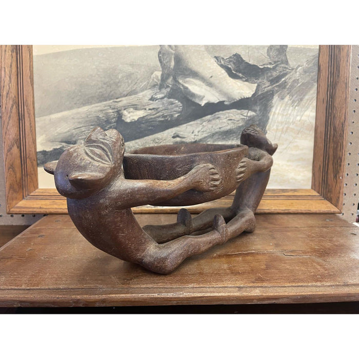 Vintage Hand Carved Wooden Bowl With Figurines.