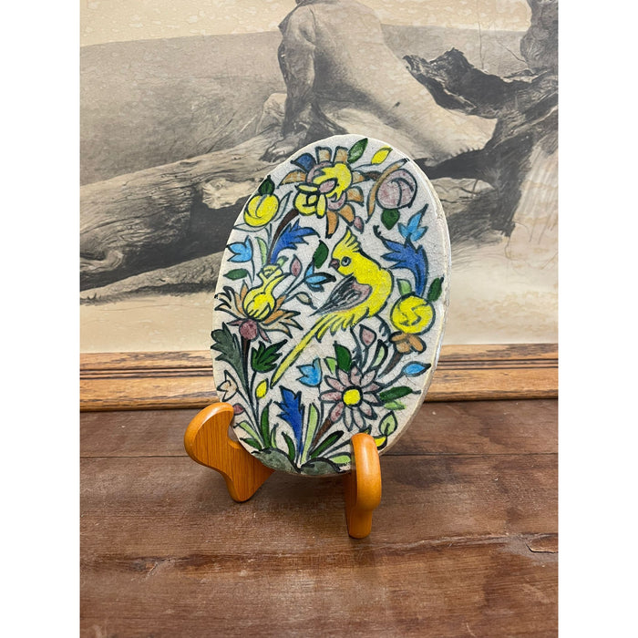 Vintage Hand Painted Ceramic Oval Tile With Parrot Motif.