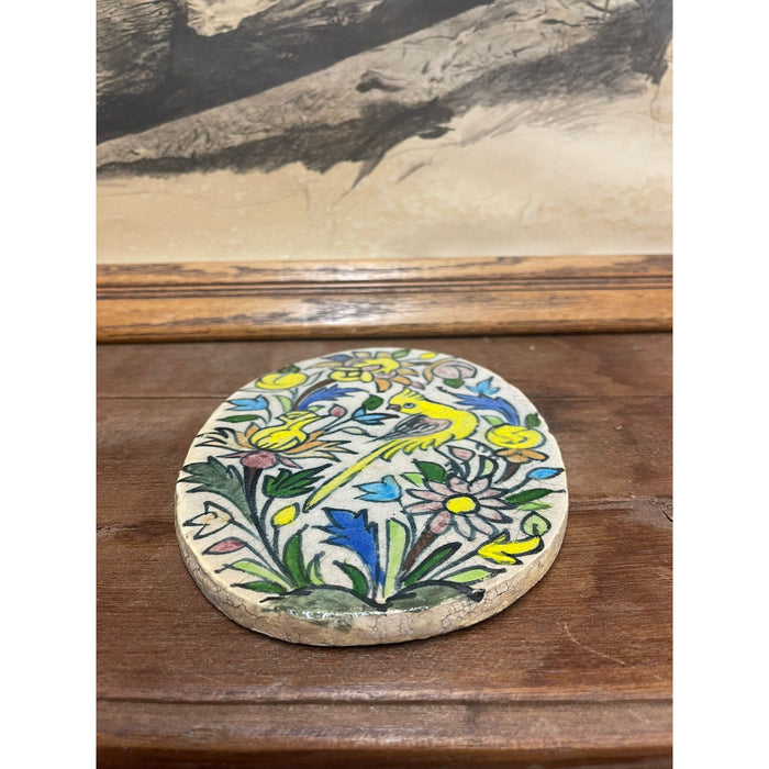 Vintage Hand Painted Ceramic Oval Tile With Parrot Motif.