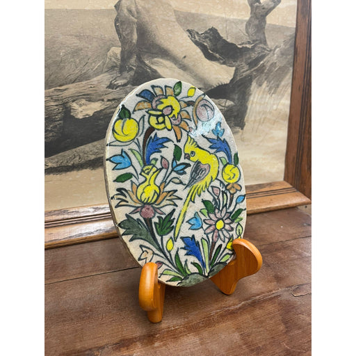 Vintage Hand Painted Ceramic Oval Tile With Parrot Motif.