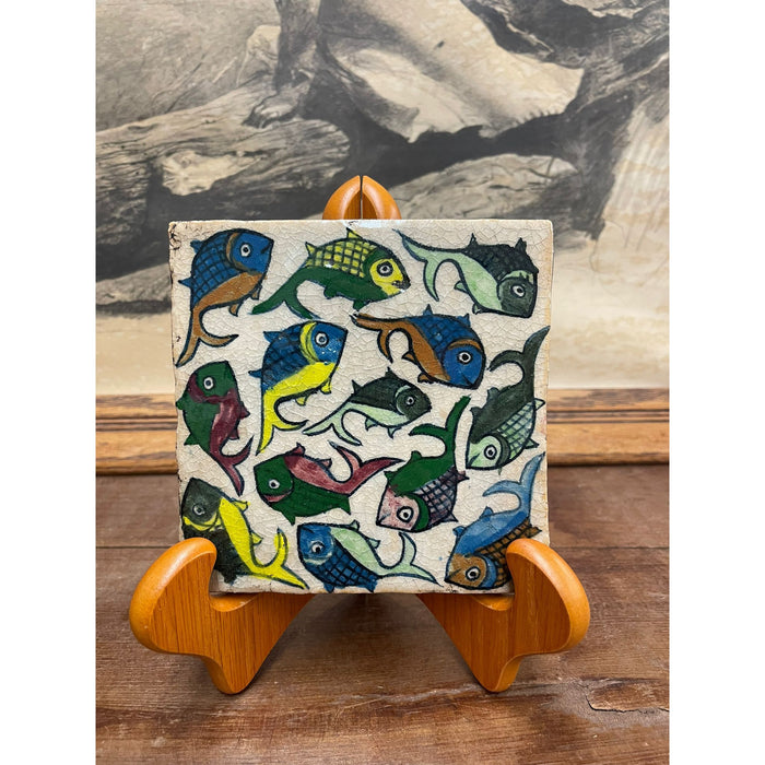 Vintage Hand Painted Tile With Swimming Fish Motif.