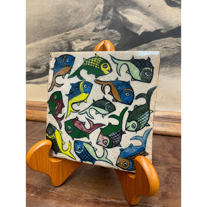 Vintage Hand Painted Tile With Swimming Fish Motif.