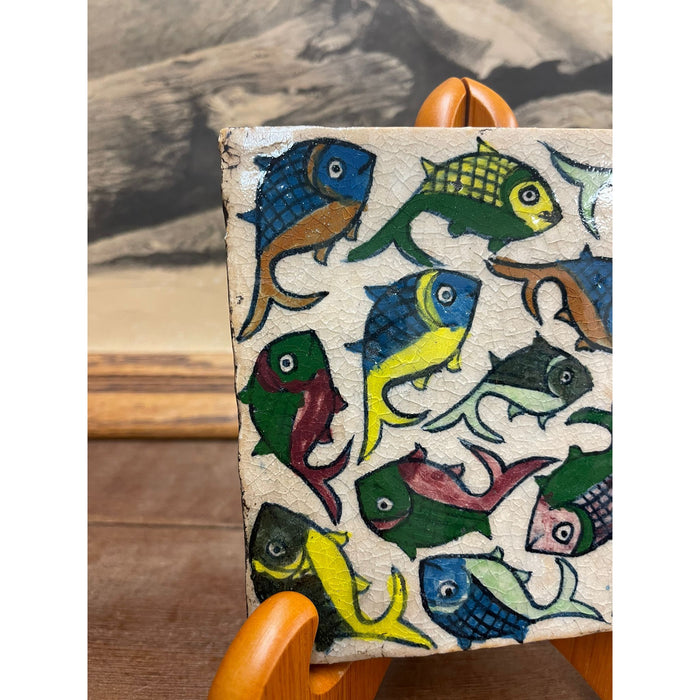 Vintage Hand Painted Tile With Swimming Fish Motif.