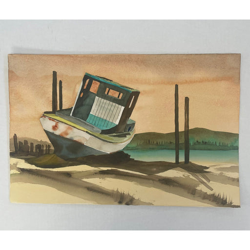 Vintage Landscape Artwork on Paper of Beached Boat