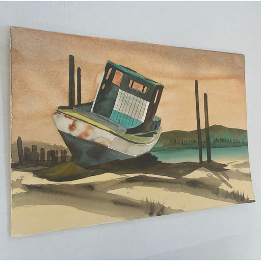 Vintage Landscape Artwork on Paper of Beached Boat