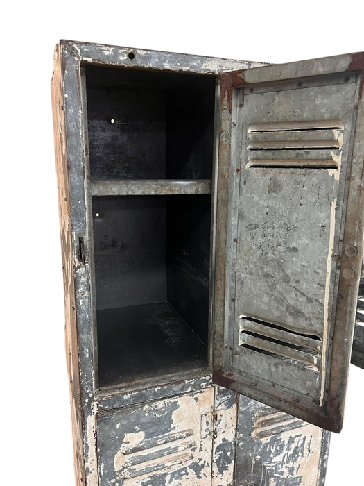 Vintage Metal Locker Cabinet 6 Lockers Fixed Shelves Latching Door on Casters (Available by online purchase only)