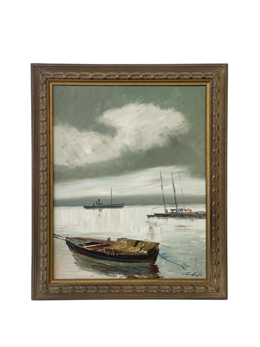 Vintage Mid-Century Harbor Scene Oil Painting with Boats and Overcast Sky, Signed