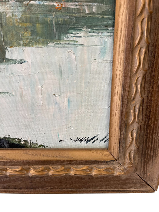 Vintage Mid-Century Impressionist Likely Oil Painting of Autumn Landscape with Lake and Birch Trees