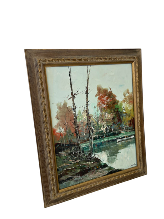 Vintage Mid-Century Impressionist Likely Oil Painting of Autumn Landscape with Lake and Birch Trees
