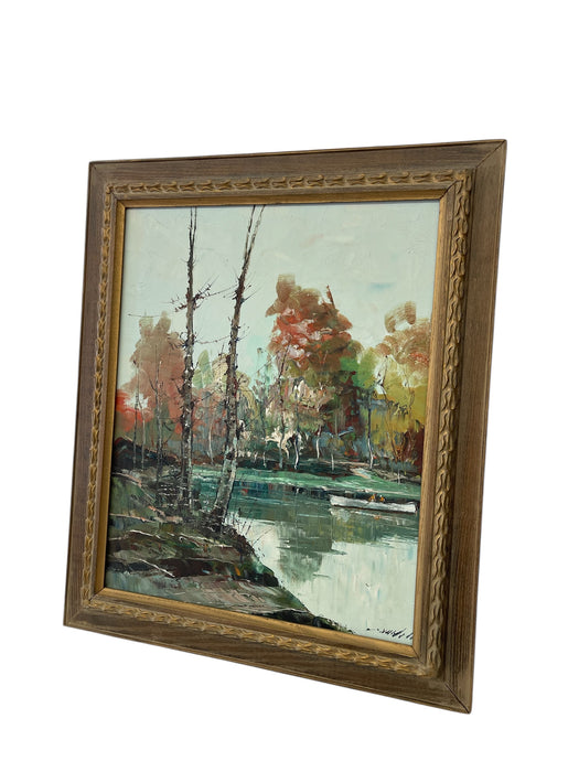 Vintage Mid-Century Impressionist Likely Oil Painting of Autumn Landscape with Lake and Birch Trees