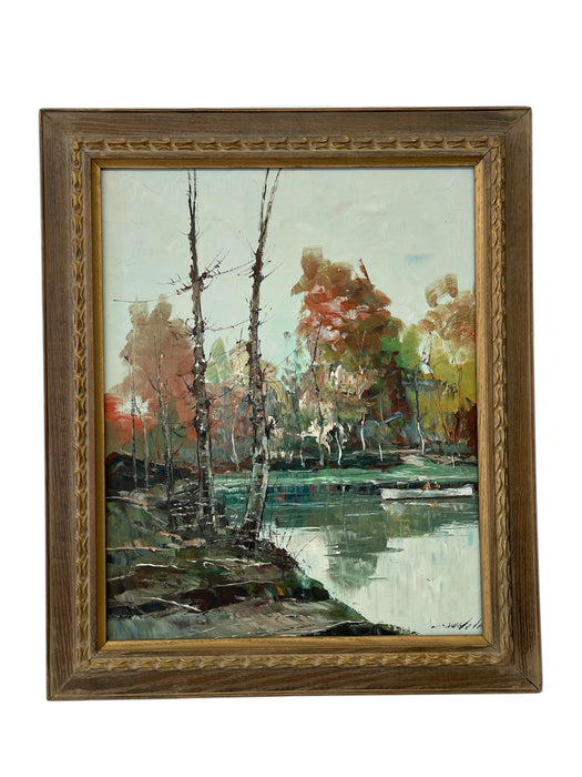Vintage Mid-Century Impressionist Likely Oil Painting of Autumn Landscape with Lake and Birch Trees