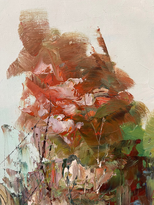 Vintage Mid-Century Impressionist Likely Oil Painting of Autumn Landscape with Lake and Birch Trees