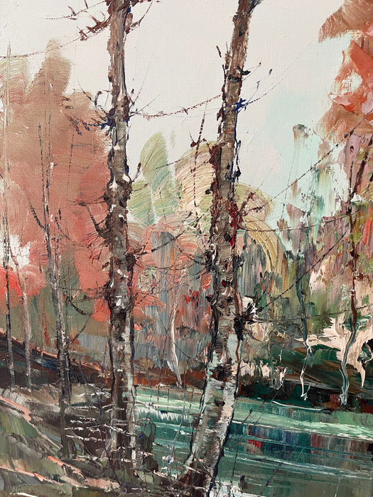 Vintage Mid-Century Impressionist Likely Oil Painting of Autumn Landscape with Lake and Birch Trees