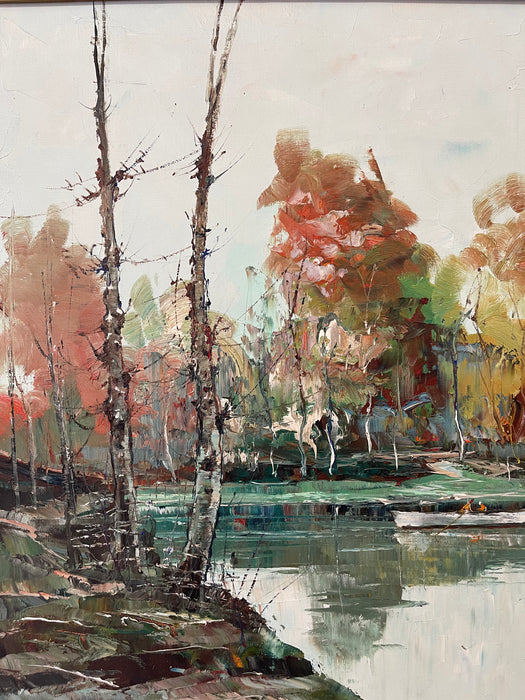 Vintage Mid-Century Impressionist Likely Oil Painting of Autumn Landscape with Lake and Birch Trees