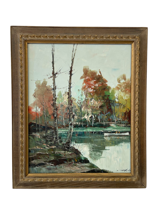 Vintage Mid-Century Impressionist Likely Oil Painting of Autumn Landscape with Lake and Birch Trees
