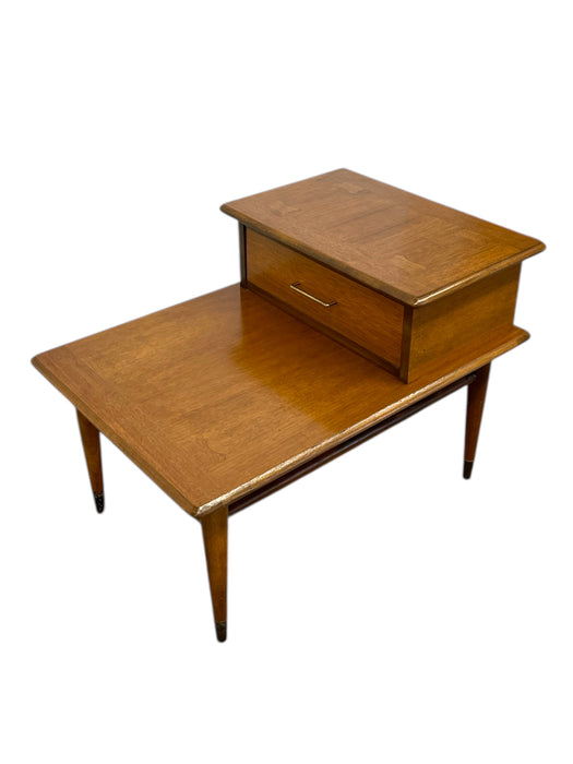Vintage Mid-Century Modern 1-Drawer Walnut End Table by Lane with Wood Inlay and Tapered Legs