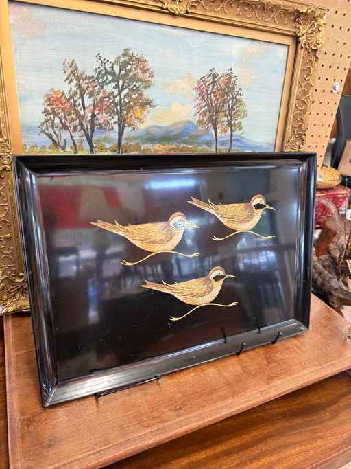 Vintage Mid-Century Modern Black Lacquer Tray with Hand-Painted Shorebirds - 1950s Japanese Decorative Serving Art