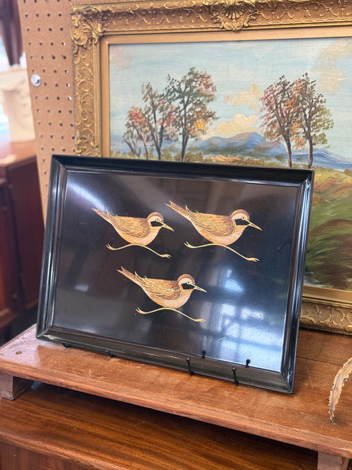 Vintage Mid-Century Modern Black Lacquer Tray with Hand-Painted Shorebirds - 1950s Japanese Decorative Serving Art