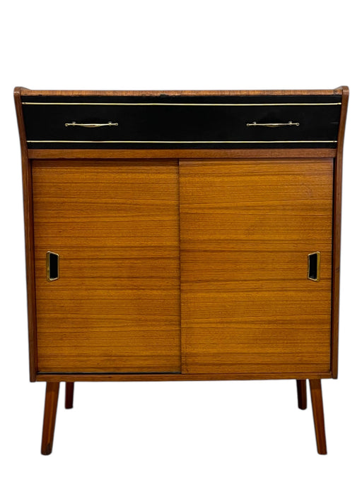 Vintage Mid Century Modern Cabinet or Book Shelf with Sliding Doors and Brass Toned Hardware