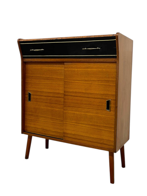 Vintage Mid Century Modern Cabinet or Book Shelf with Sliding Doors and Brass Toned Hardware