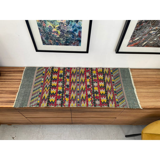 Vintage Mid Century Modern Decorative Wall Hanging Tapestry With Bright Geometric Pattern.