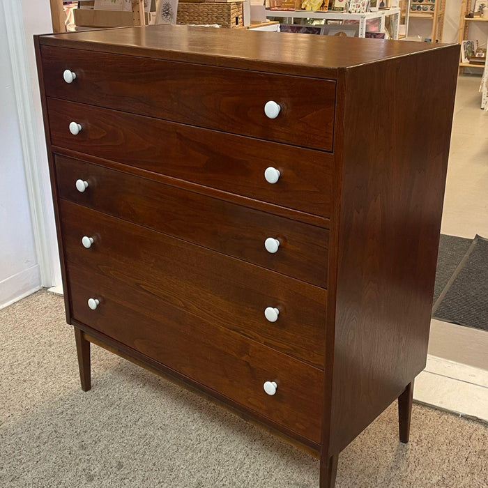 Vintage Mid Century Modern Drexel Style Tall Walnut Toned Five Drawer Dresser.
