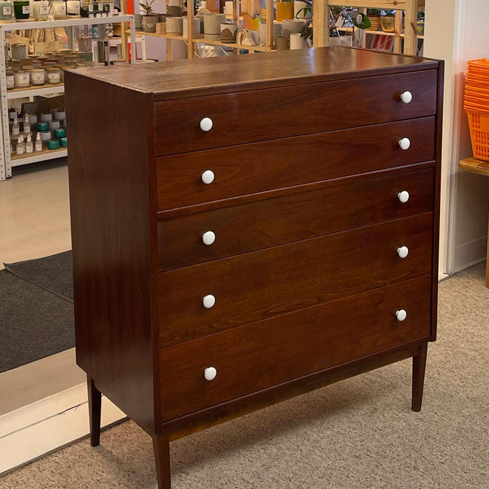 Vintage Mid Century Modern Drexel Style Tall Walnut Toned Five Drawer Dresser.