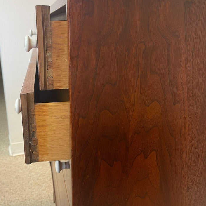 Vintage Mid Century Modern Drexel Style Tall Walnut Toned Five Drawer Dresser.