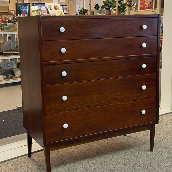 Vintage Mid Century Modern Drexel Style Tall Walnut Toned Five Drawer Dresser.