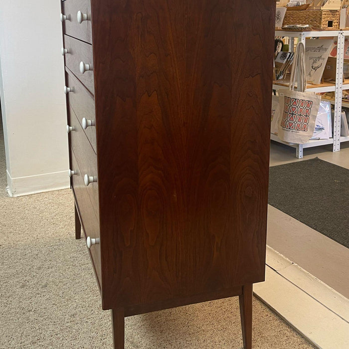 Vintage Mid Century Modern Drexel Style Tall Walnut Toned Five Drawer Dresser.