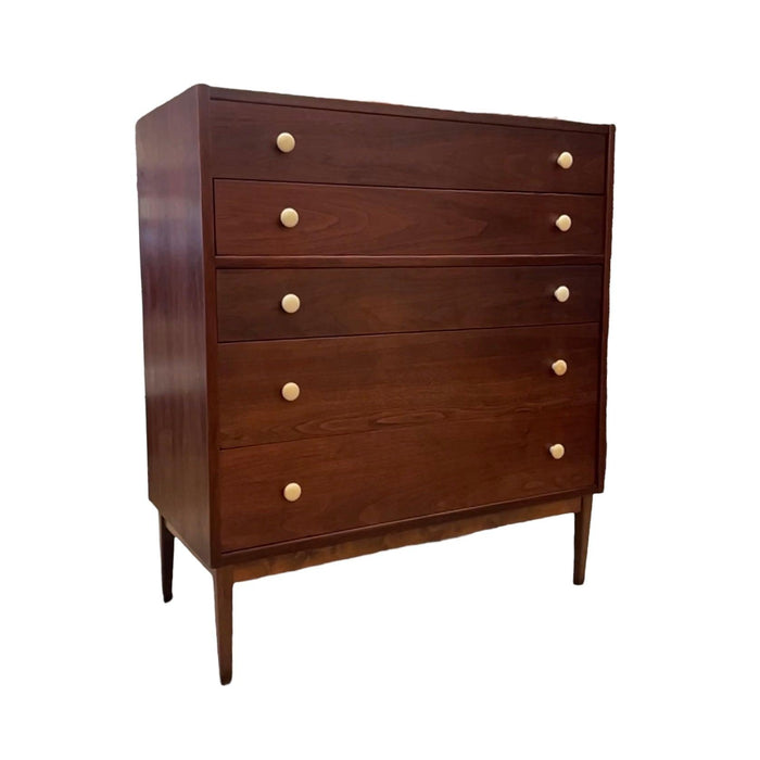 Vintage Mid Century Modern Drexel Style Tall Walnut Toned Five Drawer Dresser.