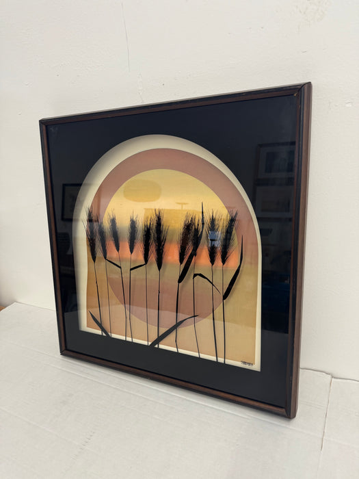 Vintage Mid Century Modern Framed Print - Sunset Gradient with Textured Wheat Silhouettes - Signed Art by Thrasher - Retro Wall Deco