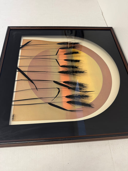 Vintage Mid Century Modern Framed Print - Sunset Gradient with Textured Wheat Silhouettes - Signed Art by Thrasher - Retro Wall Deco