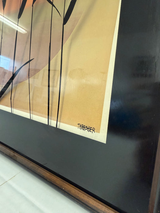 Vintage Mid Century Modern Framed Print - Sunset Gradient with Textured Wheat Silhouettes - Signed Art by Thrasher - Retro Wall Deco