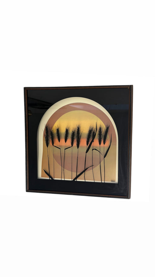 Vintage Mid Century Modern Framed Print - Sunset Gradient with Textured Wheat Silhouettes - Signed Art by Thrasher - Retro Wall Deco