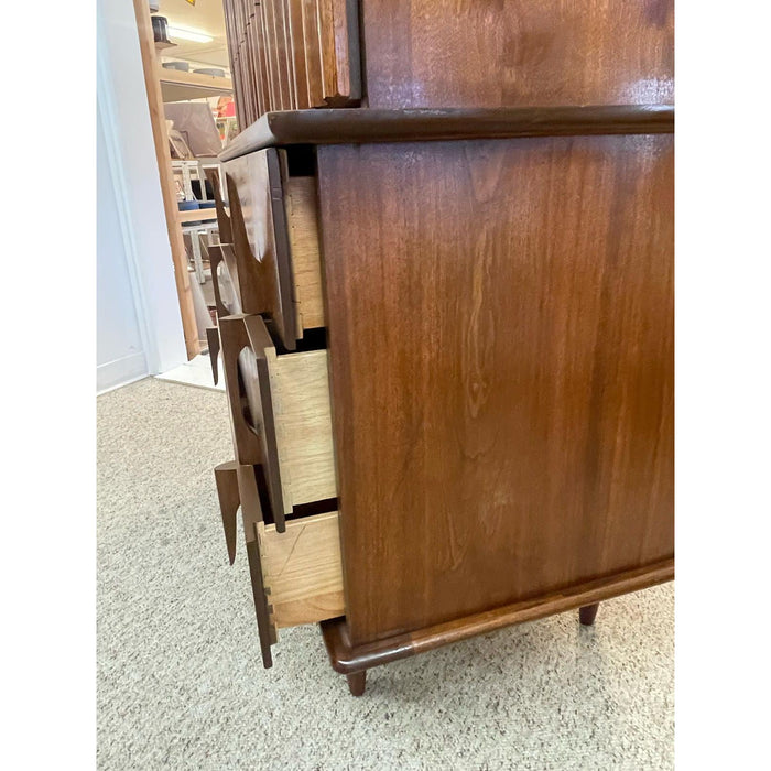 Vintage Mid Century Modern Highboy Dresser by United With Sculpted Wood Front.