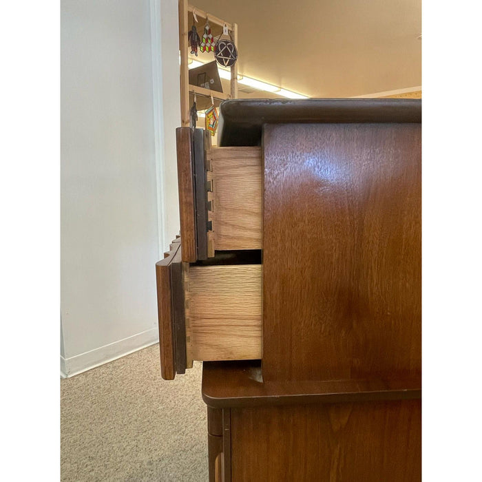 Vintage Mid Century Modern Highboy Dresser by United With Sculpted Wood Front.