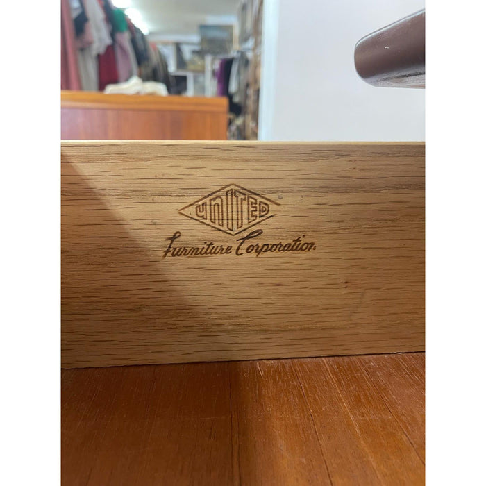 Vintage Mid Century Modern Highboy Dresser by United With Sculpted Wood Front.