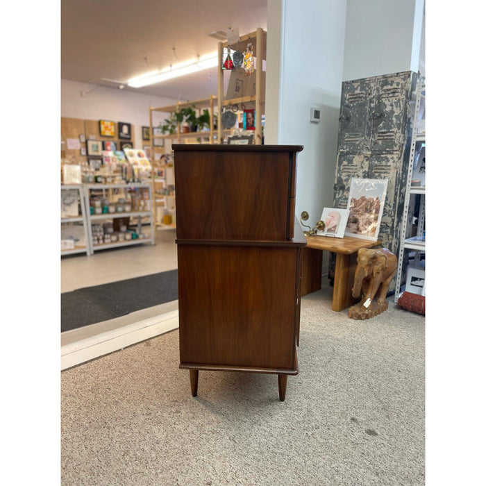Vintage Mid Century Modern Highboy Dresser by United With Sculpted Wood Front.