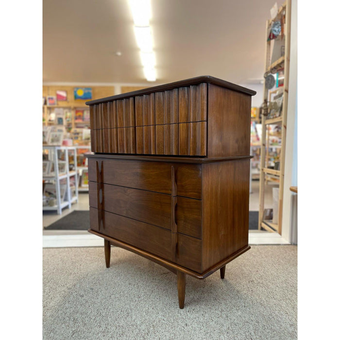 Vintage Mid Century Modern Highboy Dresser by United With Sculpted Wood Front.