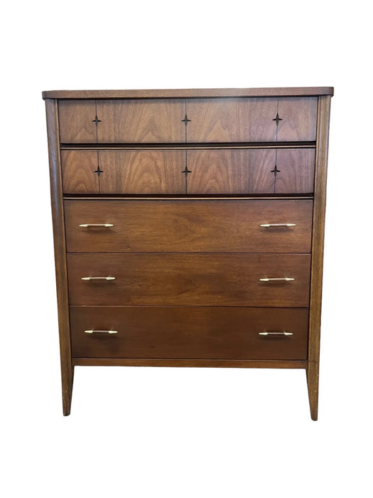 Vintage Mid Century Modern Solid Walnut Dresser Set Dovetailed by Broyhill Saga Line and Signature Star Pattern