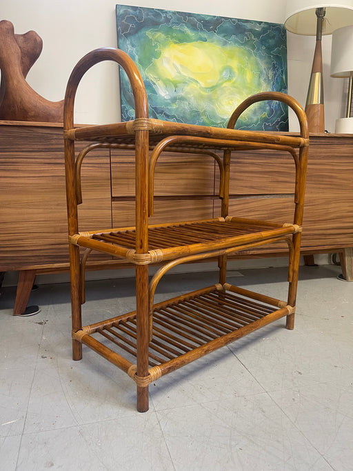 Vintage Mid Century Modern Style 1970s Three Tier Bamboo Rattan Shelf Slatted Storage Rack with Rounded Arched Handles