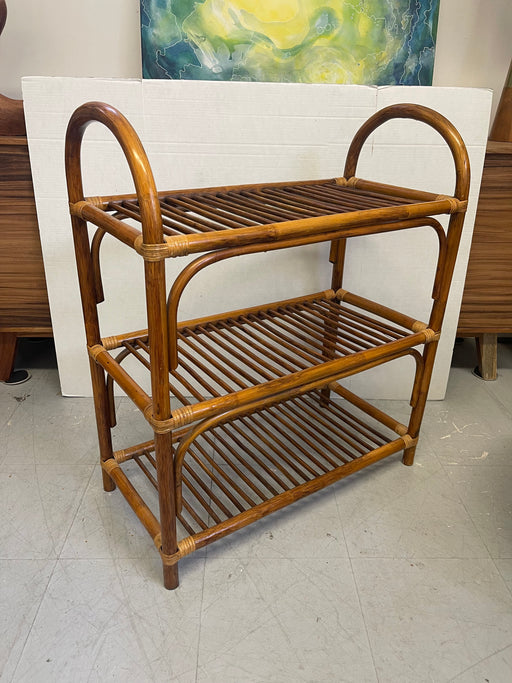 Vintage Mid Century Modern Style 1970s Three Tier Bamboo Rattan Shelf Slatted Storage Rack with Rounded Arched Handles